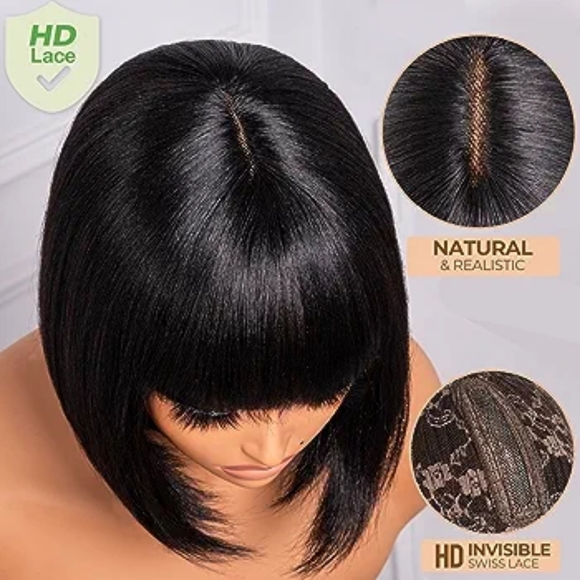 Bob Wig With Bangs- 10 Inch Short Yaki Bob Wig 180% Density - Picture 6 of 9